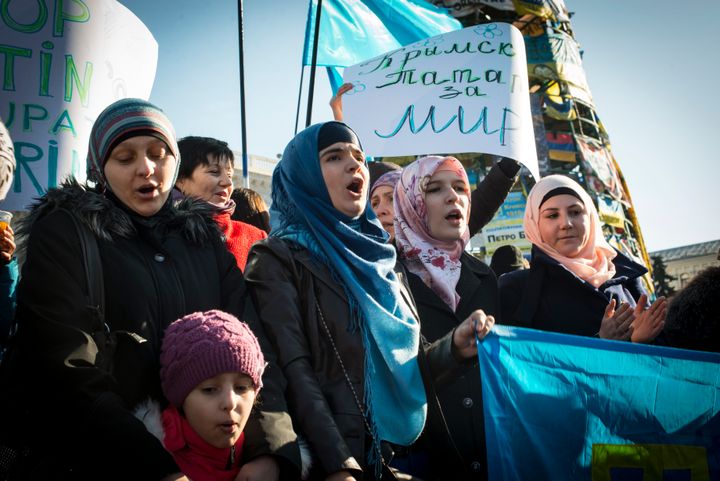 Tatar women at Kiev's Maidan Square during International Women's Day on the 8th of March, 2014 to protest for Ukraine unity. 