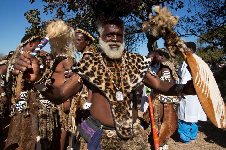 A member of the Shembe Church wearing a Panthera faux fur cape.