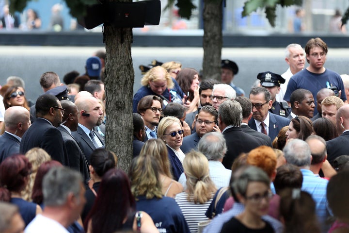 Democratic presidential candidate Hillary Clinton arrives at the 15th anniversary of the 9/11 attacks in Ground Zero, Manhattan.