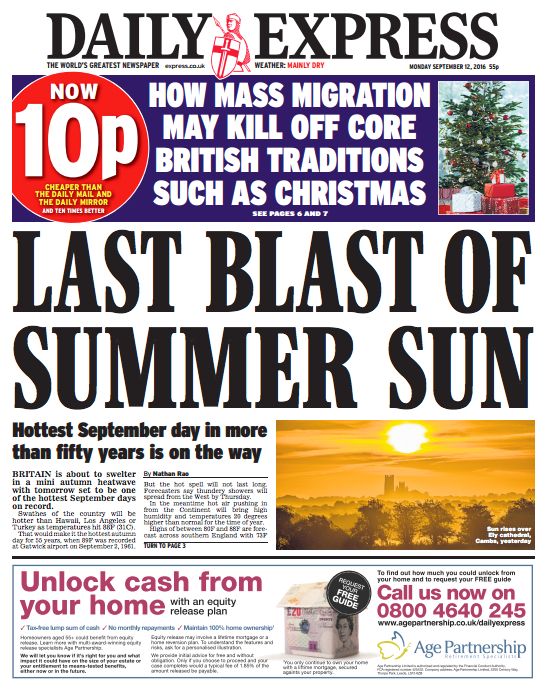<strong>The front page of Monday's Daily Express</strong>