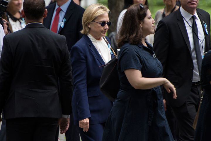 Hillary Clinton arriving at the 9/11 memorial service on Sunday 