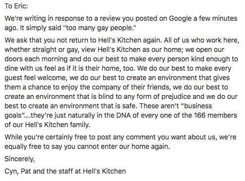 Hell's Kitchen's note to Eric on its Facebook page. 