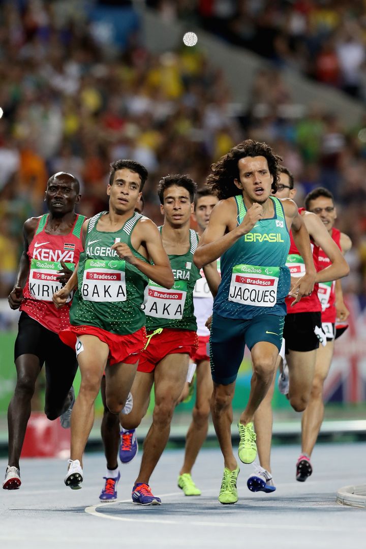 Abdellatif Baka of Algeria and Yeltsin Jacques of Brazil lead the pack in the men's 1500 meter T13 Final on Day 4 of the Rio 2016 Paralympic Games.