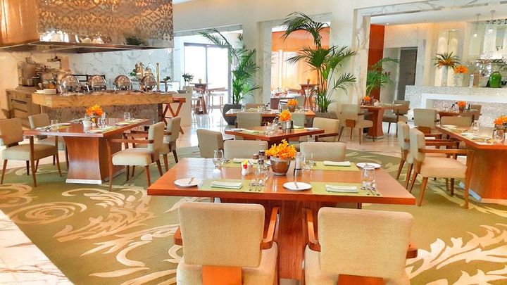 Elegant and warm interiors of the restaurant 