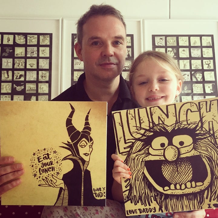 Biddulph and his daughter Poppy put together an exhibit of the illustrated Post-its he leaves in her lunchbox.