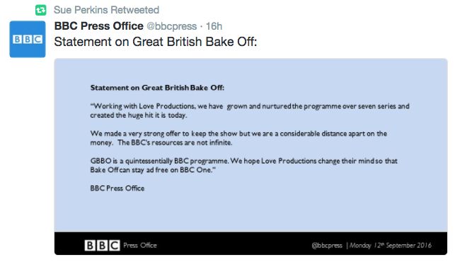 Sue retweeted a statement from the BBC before the Channel 4 deal was confirmed
