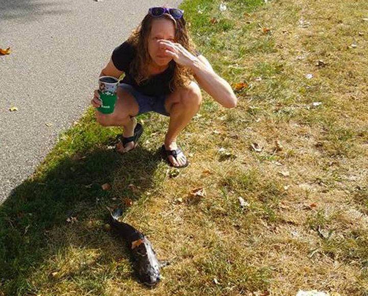 Lisa Lobree crouches next to the catfish that fell from the sky and struck her in the face