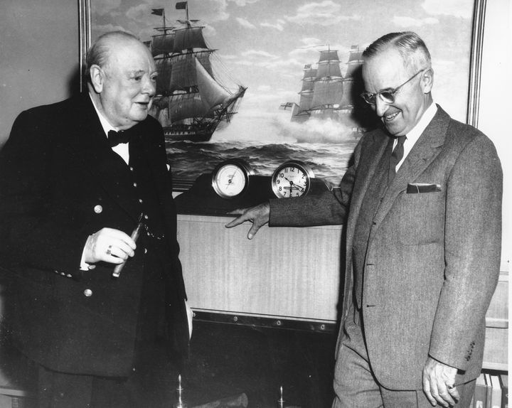 Prime Minister Winston Churchill, left, and U.S. President Harry Truman aboard the yacht Williamsburg in Washington, D.C. on Jan. 5, 1952.