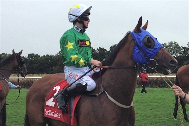 Mukaynis, pictured with jockey Shane Gray, was put down after breaking his leg in the stalls ahead of the race at Doncaster.