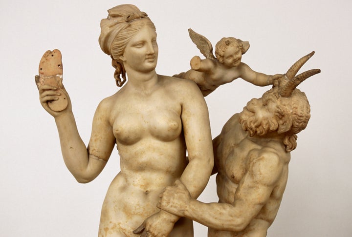 <strong>A marble statue featuring Aphrodite, Pan and Eros, on display at the National Archaeological Museum of Athens </strong>