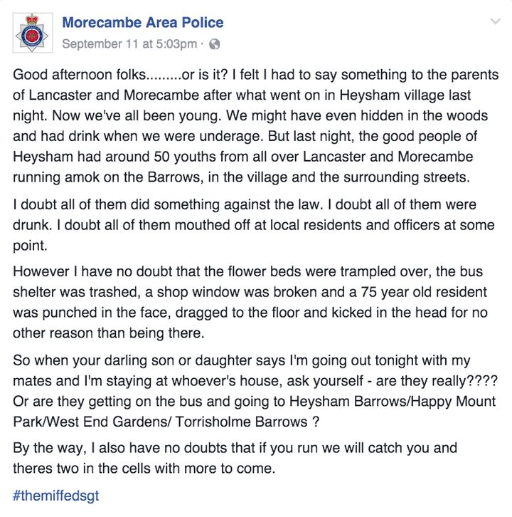 Sergeant Lindsay Brown's Facebook post lamenting the actions of a group of youths