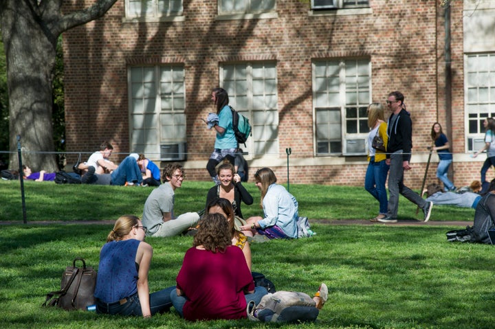 Students congregate on University of North Carolina's Chapel Hill campus.