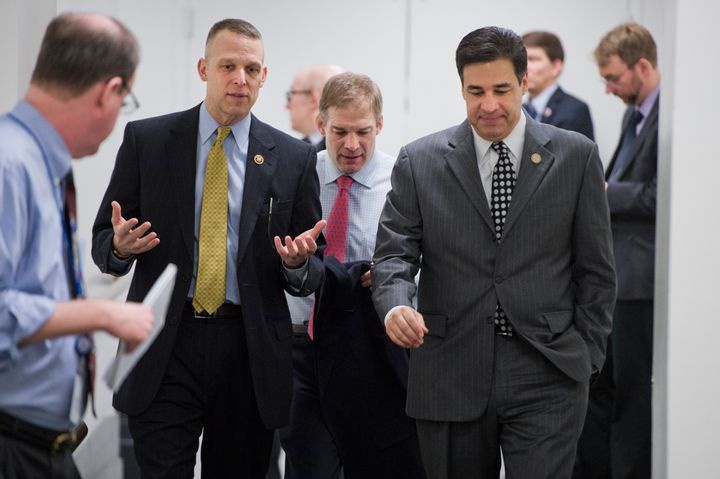 From left, Reps. Scott Perry (R-Pa.), Jim Jordan (R-Ohio) and Raúl Labrador (R-Idaho) leave a meeting of the House Republican Conference in the Capitol earlier this year. House Republicans are wary of GOP presidential nominee Donald Trump's new maternity leave proposal.