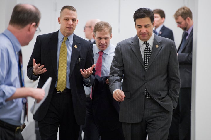 From left, Reps. Scott Perry (R-Pa.), Jim Jordan (R-Ohio) and Raúl Labrador (R-Idaho) leave a meeting of the House Rep
