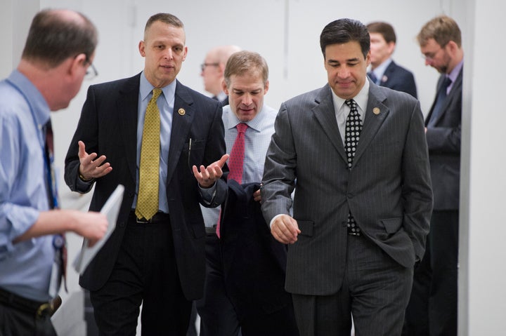 From left, Reps. Scott Perry (R-Pa.), Jim Jordan (R-Ohio) and Raúl Labrador (R-Idaho) leave a meeting of the House Republican Conference in the Capitol earlier this year. House Republicans are wary of GOP presidential nominee Donald Trump's new maternity leave proposal.