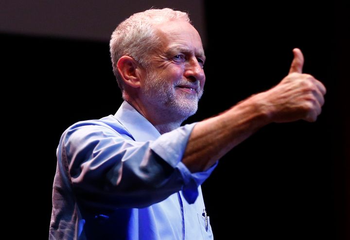 Jeremy Corbyn gives a thumbs up to the crowd at a #KeepCorbyn event at the Brighton Dome
