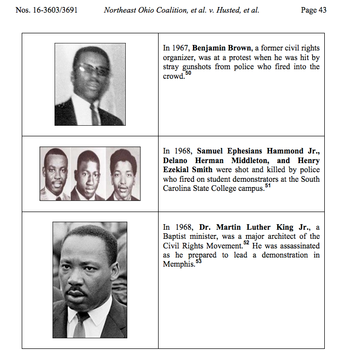 Excerpt from an 11-page gallery of civil rights martyrs published in Judge Keith's dissenting opinion in Northeast Ohio Coalition v. Husted, issued Sept. 13.