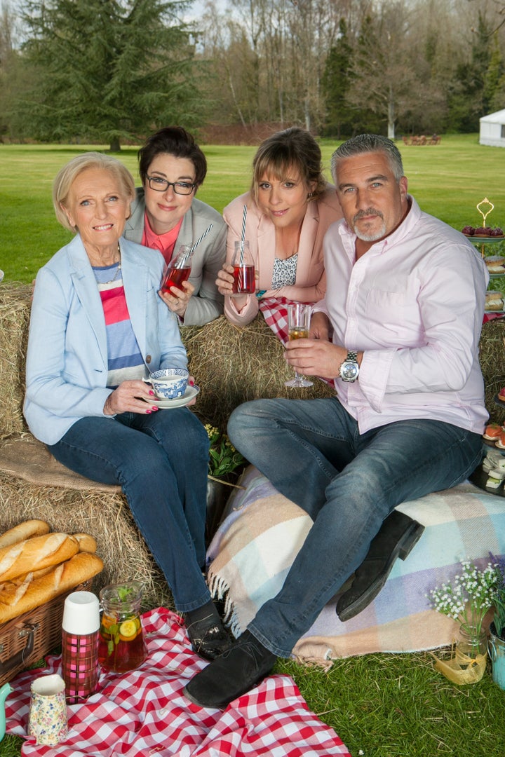 Mary with her 'Bake Off' family, Paul Hollywood and Mel and Sue.