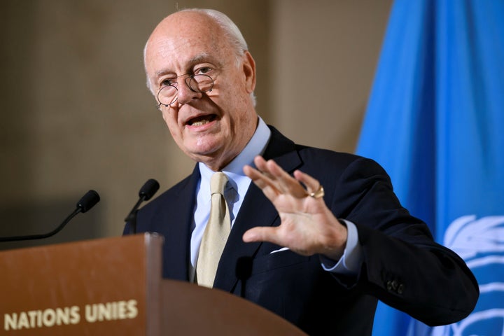 UN's Syria envoy Staffan de Mistura gestures during a press briefing following a meeting of the International Syria Support G