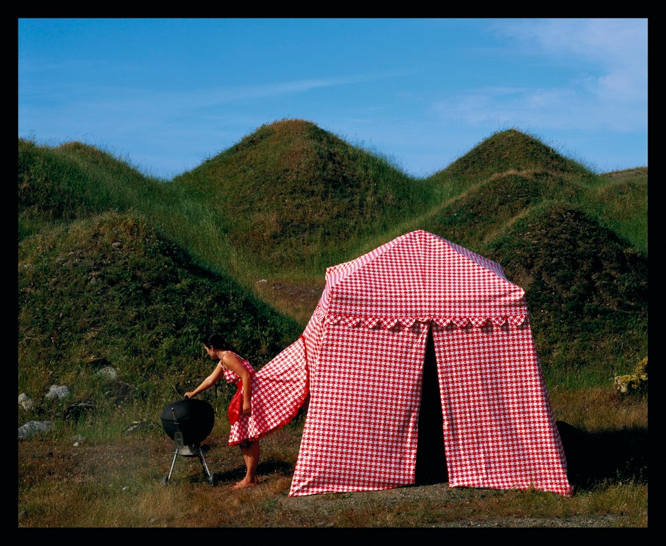 "Picnic Dress Tent," Installed off Interstate 5 near Tracy, California, 2005.