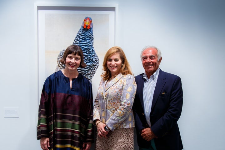 Isabella Rossellini, Hunter College President Jennifer J. Raab, and famed photographer Patrice Casanova, celebrate at a reception to mark the closing of the exhibit Fowl Play: Isabella Rossellini's Heritage Breed Chickens. The project was initiated by the actress, who is a graduate student in Animal Behavior and Conservation at Hunter College, and features photos of her chickens that she raises on her farm in Long Island. The photos, taken by Mr. Casanova, document their progression from fledglings to full-grown birds, illuminating the great diversity and history of Heritage breeds.