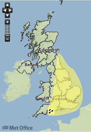 The yellow sections show where weather warnings are in place