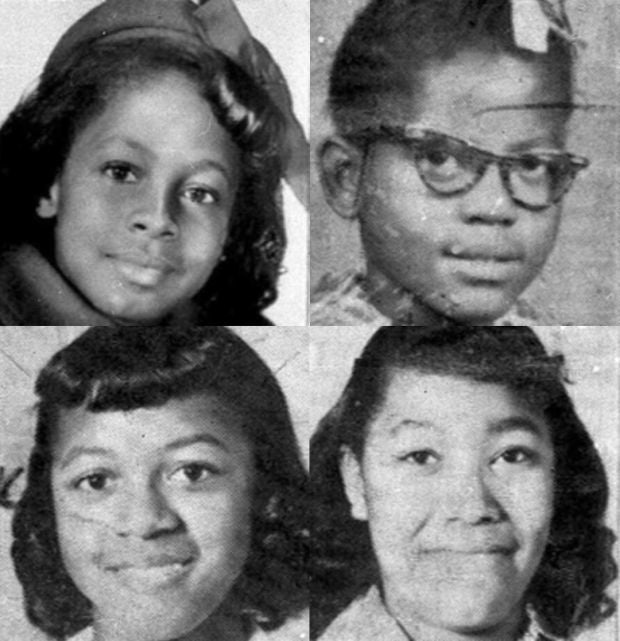 (Clockwise from top, left) Denise McNair, 11; Addie Mae Collins, 14; Cynthia Wesley, 14; and Carole Robertson, 14, were kille