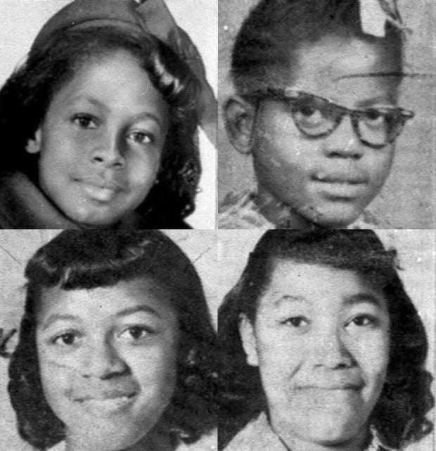 (Clockwise from top, left) Denise McNair, 11; Addie Mae Collins, 14; Cynthia Wesley, 14; and Carole Robertson, 14, were killed in the Sixteenth Street Baptist Church bombing on September 15, 1963. 