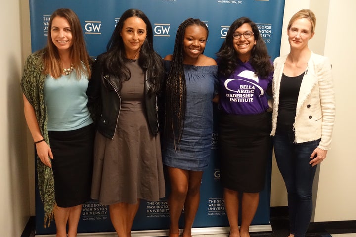 Panelists Holly Kearl (Stop Street Harassment), Soraya Chemaly, (Journalist), Precious Fasekin (GGM), Bharvi Chavre (BALI), Antigone Davis (Facebook)