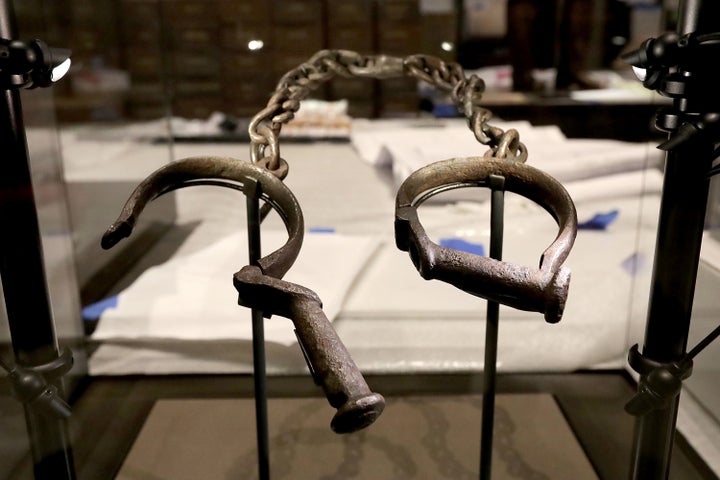 A pair of slave shackles on display in the museum. 