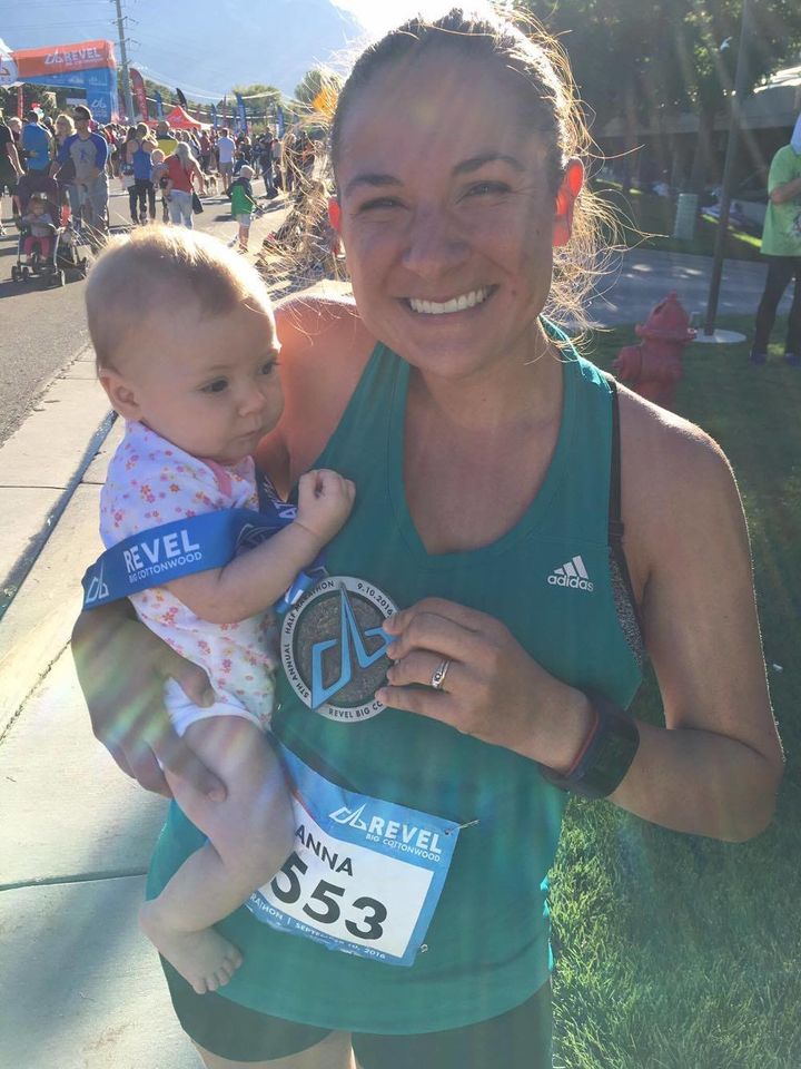 Young trained for the half marathon by running while pushing her daughter in a stroller. 