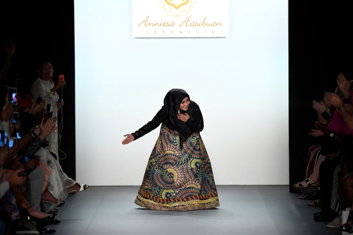 Anniesa Hasibuan takes a bow on the runway during New York Fashion Week.