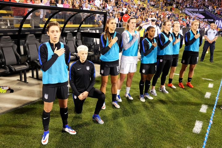 Megan Rapinoe of the U.S. Women's National Team kneels during the playing of the U.S. National Anthem before a match against Thailand on September 15, 2016.