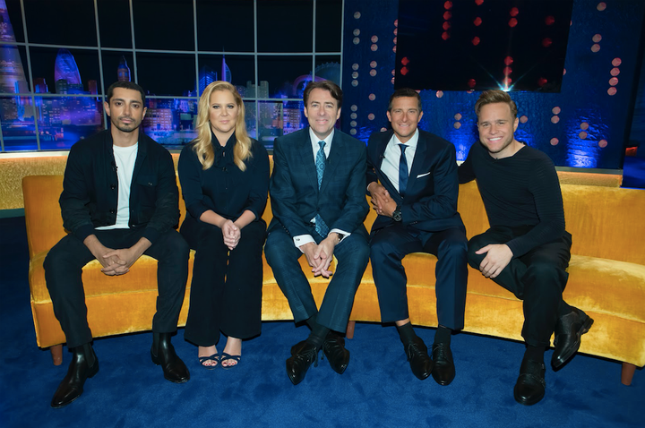 Amy Schumer with Bear Grylls, Olly Murs, Riz Ahmed and host Jonathan Ross. 