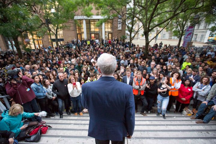 Corbyn speaking at a Momentum rally in London