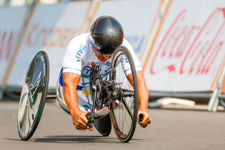 Alex Zanardi in action during the first day of para-cycling road in the time trial H5, Rio de Janeiro in Brazil.