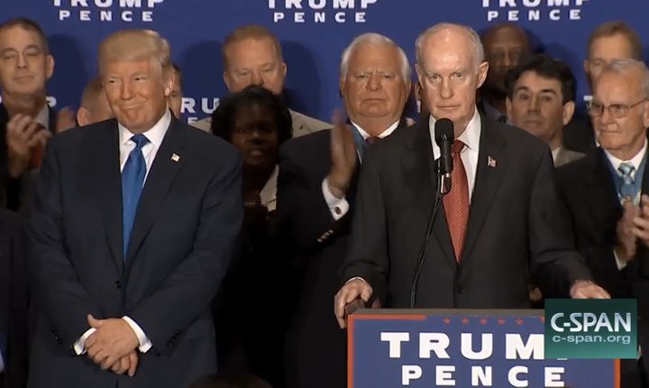 Here's retired Air Force Lt. Gen. Thomas McInerney, a man who has fueled racist conspiracy theories about President Barack Obama, introducing Trump at an event where he rejected birtherism.