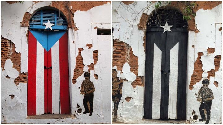 Before and After: The flag of Puerto Rico painted black because of the approbation of "Promise Law"