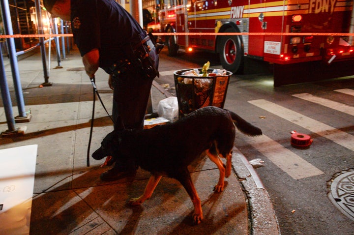 Police use a dog to search the site of an explosion in the Chelsea neighborhood of Manhattan, New York City, on Saturda