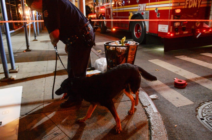 Police use a dog to search the site of an explosion in the Chelsea neighborhood of Manhattan, New York City, on Saturday.