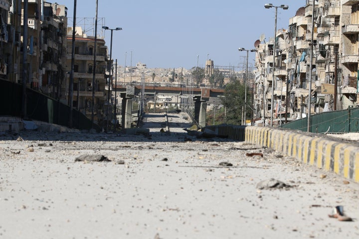 A damaged highway is pictured in the rebel-held al-Shaar neighbourhood of Aleppo, Syria, September 17, 2016. Picture taken September 17, 2016.