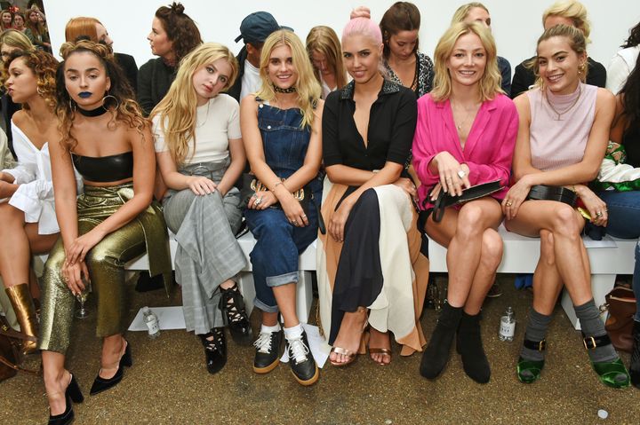 (L to R) Ella Eyre, Anais Gallagher, Tigerlily Taylor, Amber Le Bon, Clara Paget and Chelsea Leyland attend the Topshop Unique show.