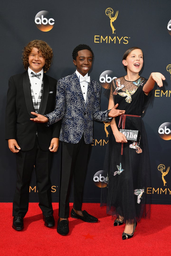 Gaten Matarazzo, Caleb McLaughlin and Millie Bobby Brown (left to right) attend the 68th Annual Primetime Emmy Awards in Los Angeles, California.