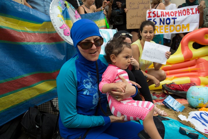 People protesting the burkini ban in London on Aug. 25, 2016.