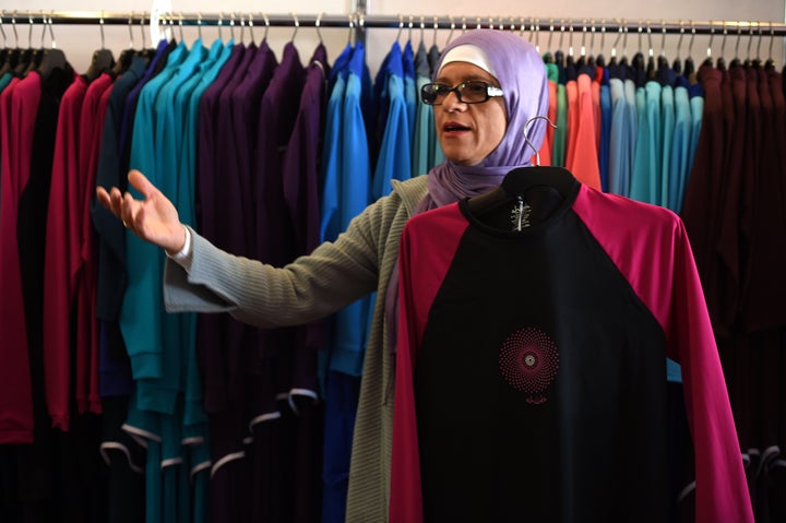 Burkini inventor Aheda Zanetti with her creations in western Sydney on Aug. 19, 2016.