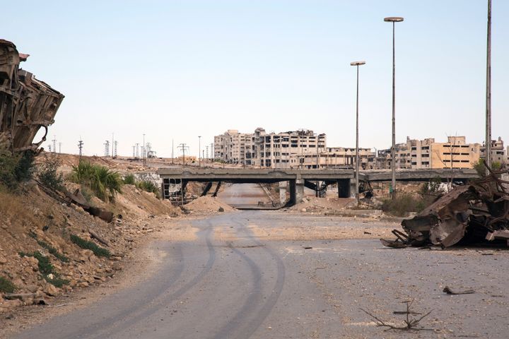 A view of the rubble-strewn road that's the main route for humanitarian aid to Aleppo. 