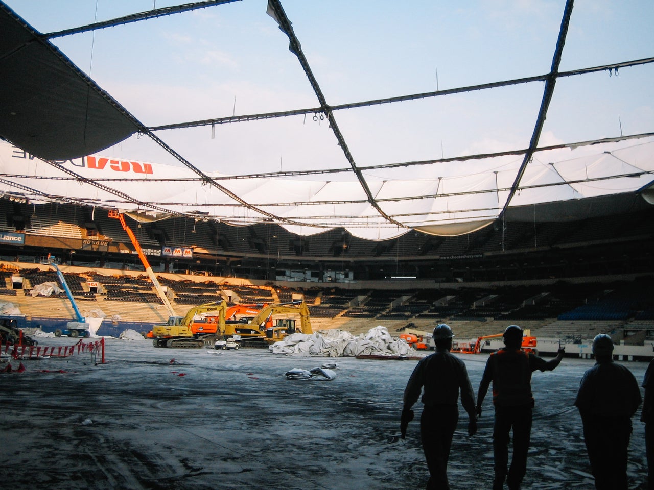 Demolition underway at the RCA Dome. The roof material, piled on the ground, was saved and given to People for Urban Progress.