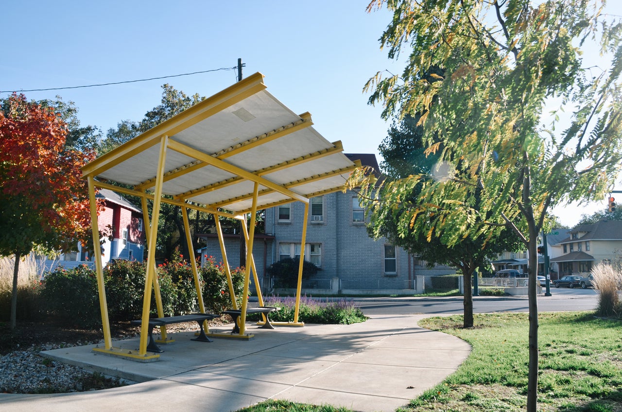 A shade structure built by People for Urban Progress, along with design and community partners, in the Highland Vicinity neighborhood of Indianapolis.