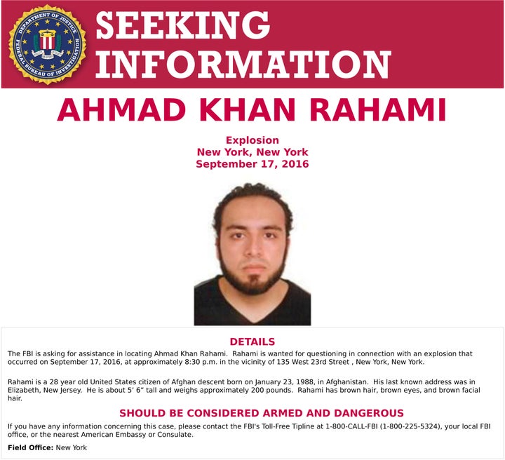 An image of Ahmad Khan Rahami, who is wanted for questioning in connection with an explosion in New York City, is seen in a a poster released by the FBI on Monday.