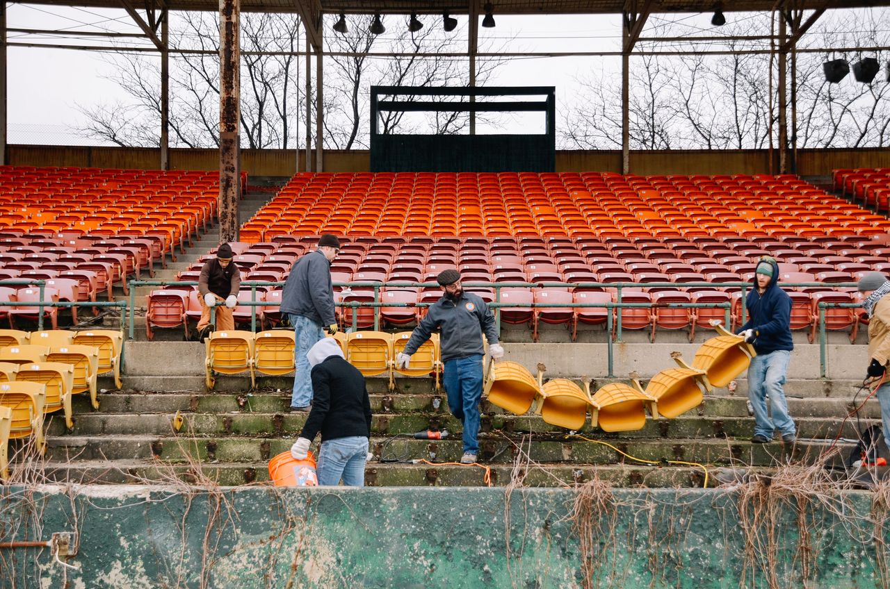 The nonprofit People for Urban Progress salvages material from old stadiums and turns it into durable products and urban design projects, like bus stop benches made out of seats from Bush Stadium in Indianapolis.